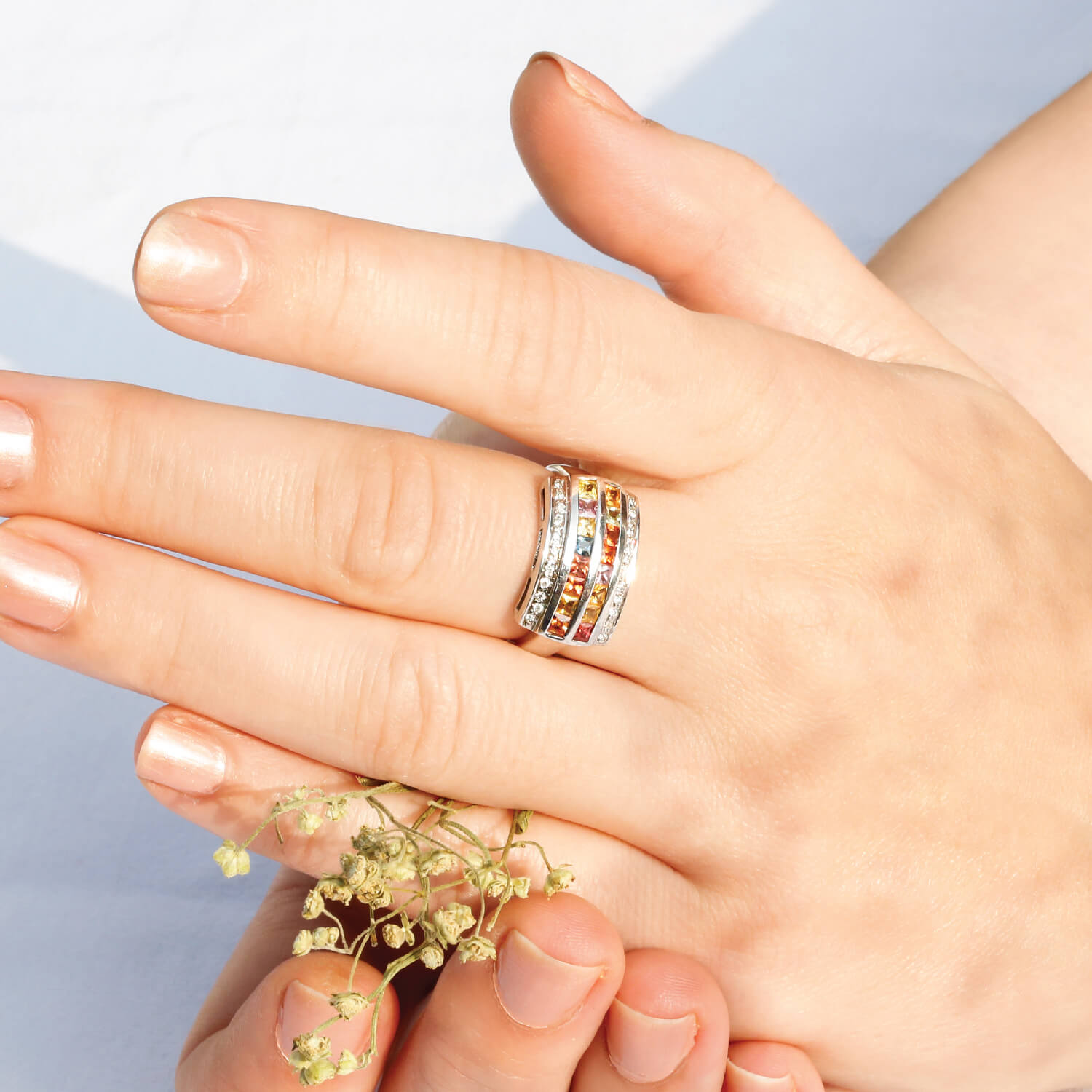 Multi color stone silver ring for women