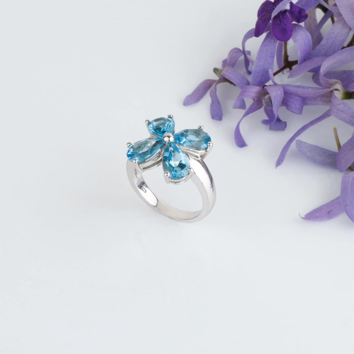 blue topaz ring, Natural blue topaz floral ring for women