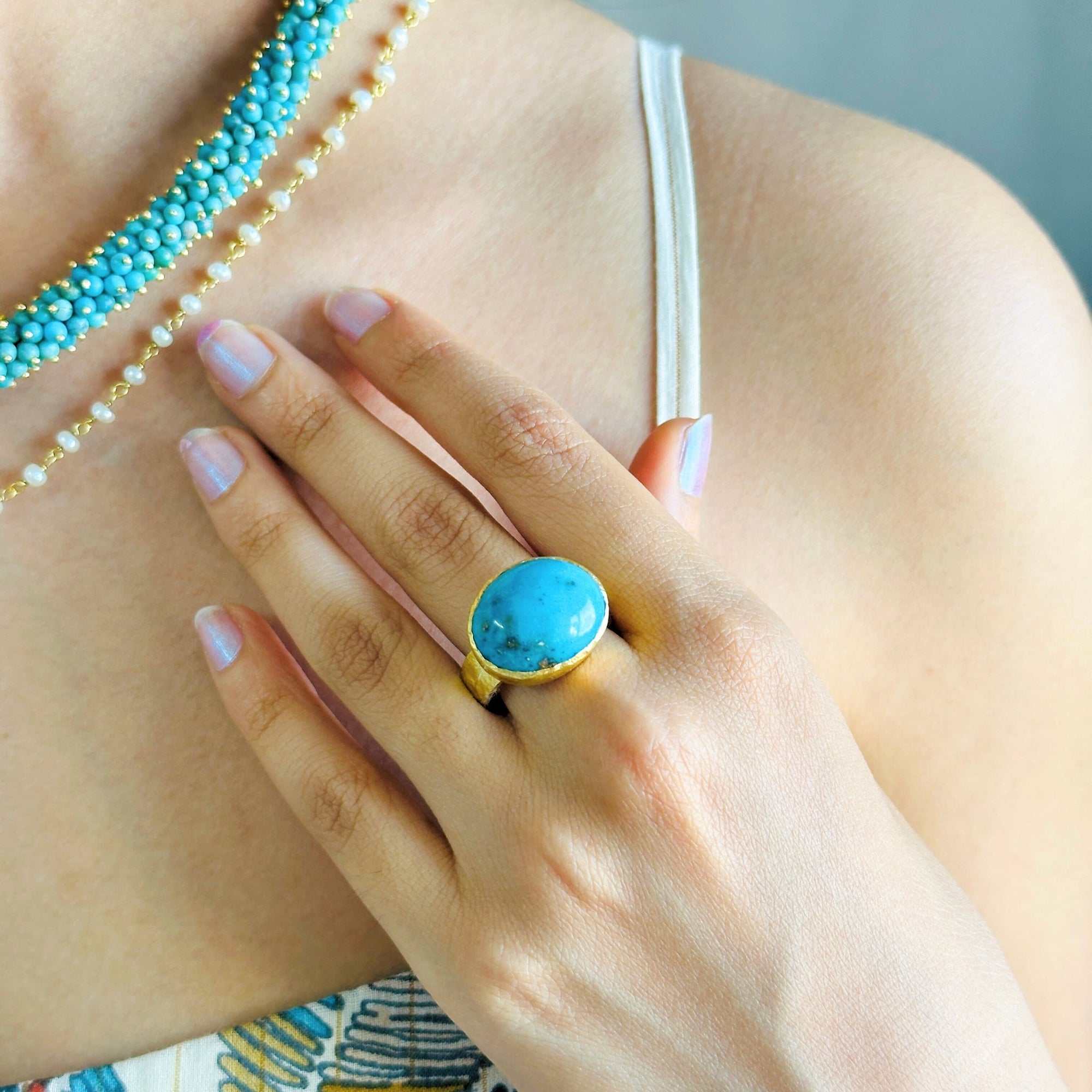 Natural turquoise gemstone ring for women, Big turquoise ring, Gold Plated blue turquoise 