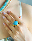 Natural turquoise gemstone ring for women, Big turquoise ring, Gold Plated blue turquoise 