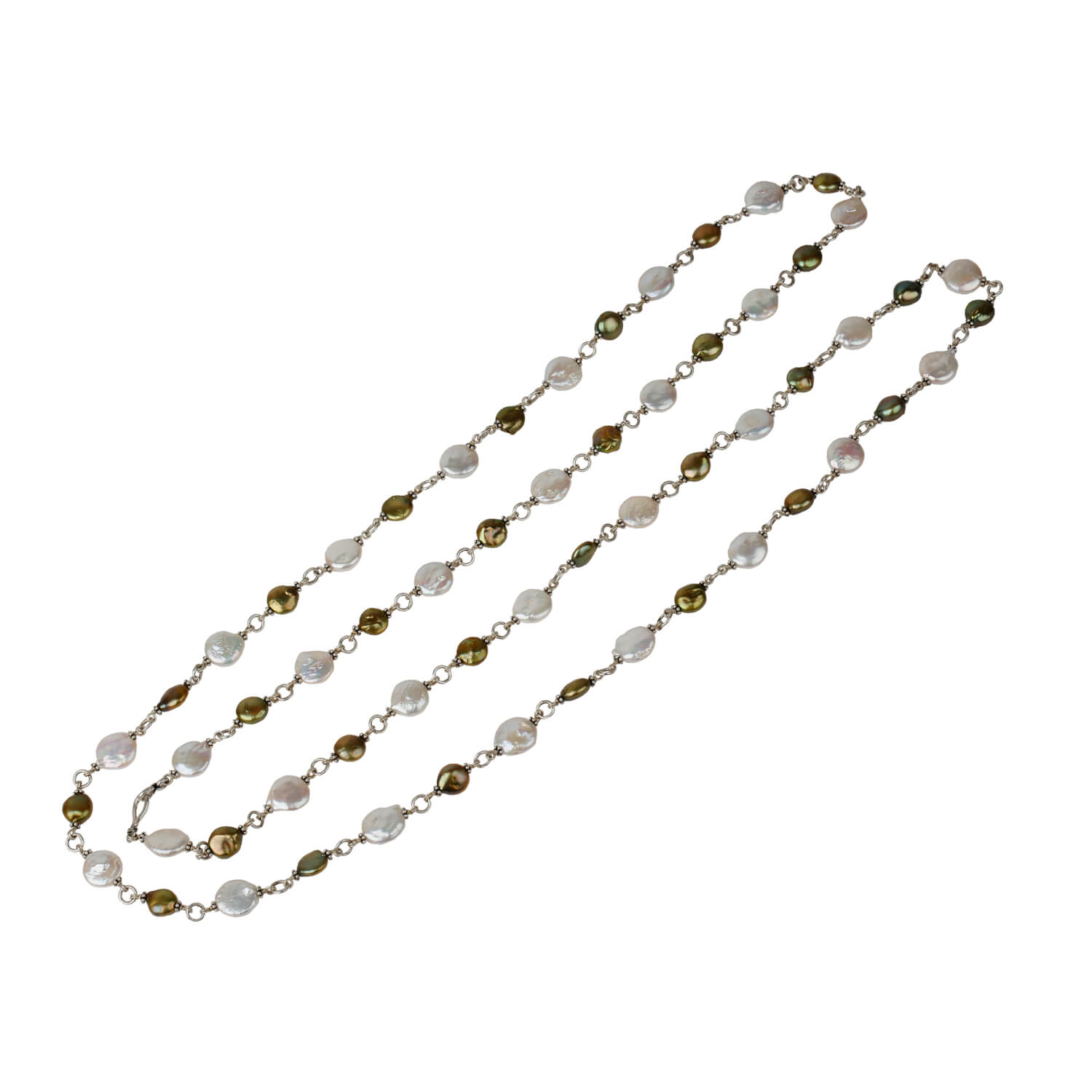 Silver pearl jewelry, Green pearl silver necklace, Pearl beaded silver necklace