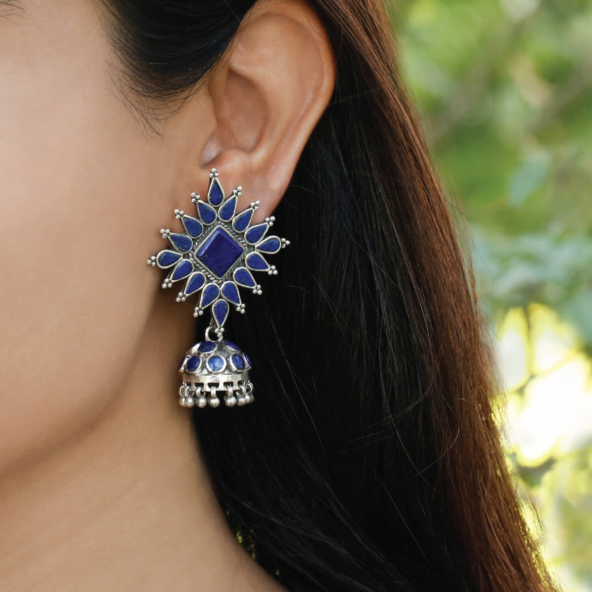 silver earrings, oxidized earrings, sterling silver earrings, buy ring earrings, traditional earrings, buy silver earrings, traditional earrings, festive earrings, jhumkas, oxidized jhumkas, silver jhumkas, lapis earrings