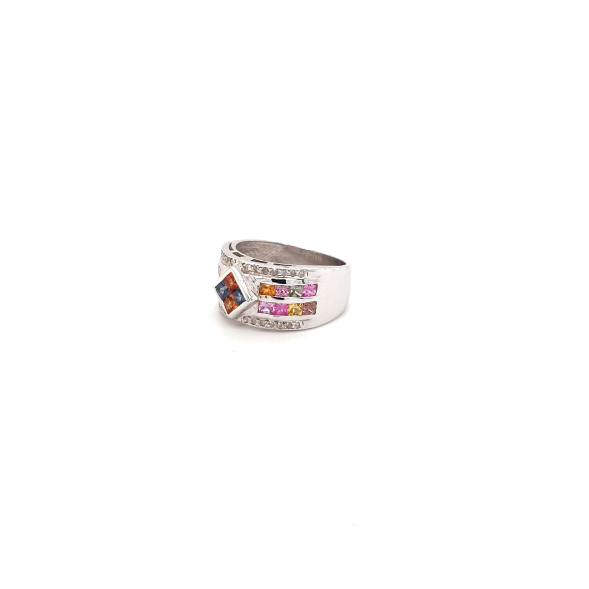 Rainbow Multi Stone Ring with Princess Cut Stones Silver