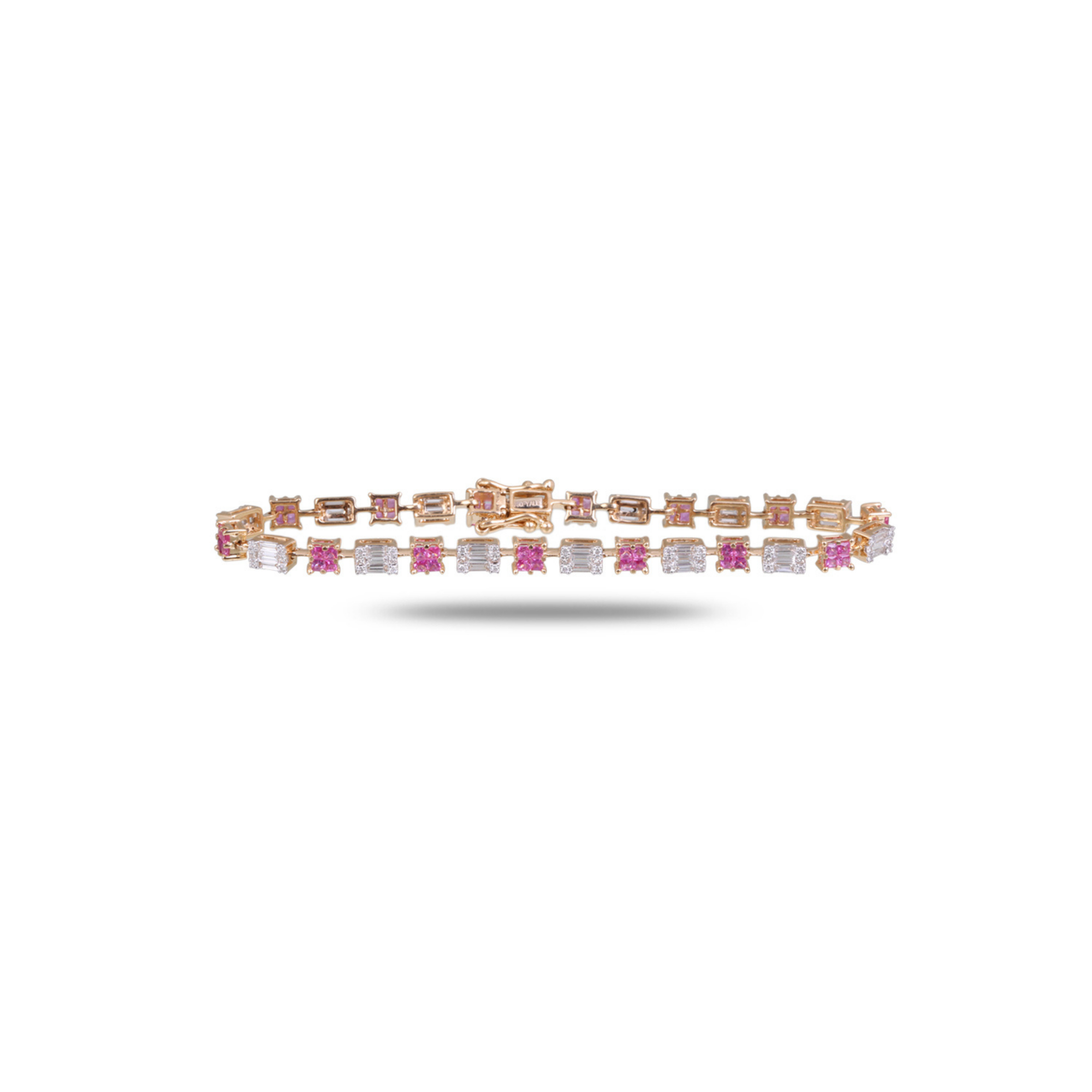 Rose gold alternating pink sapphire and emerald cut diamond tennis bracelet 
