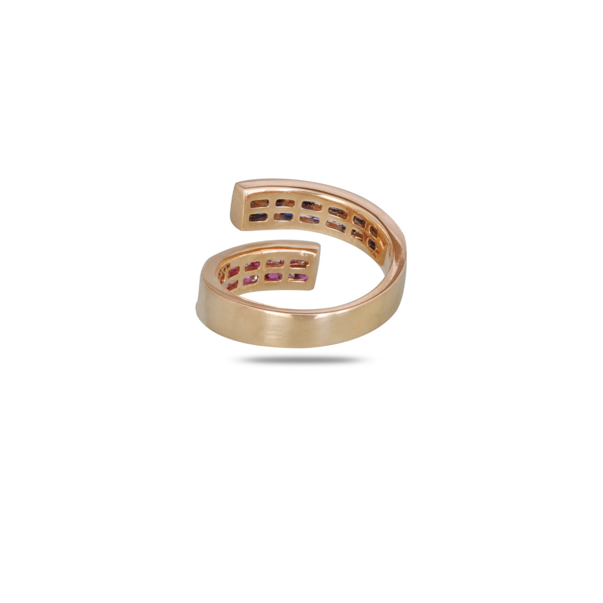 Rose gold bypass ring back profile showing smooth polished shank, open adjustable design, blue sapphire stones visible in upper end channel setting, pink sapphire stones in lower end channel,