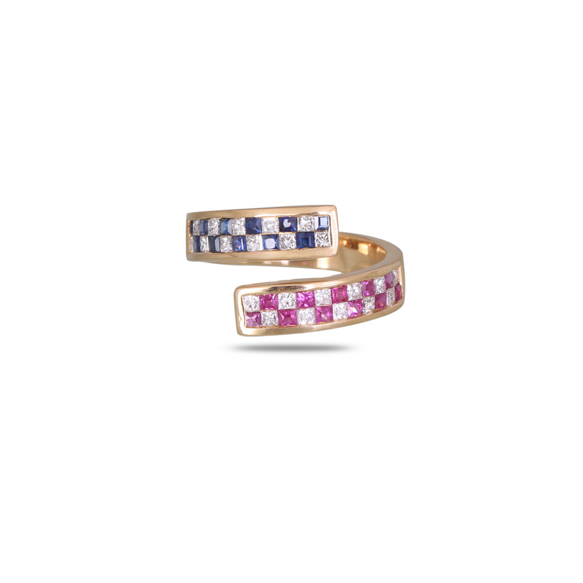 Rose gold open bypass ring with two rectangular ends upper end featuring blue sapphire and diamond checkerboard grid, lower end featuring pink sapphire and diamond checkerboard grid, princess cut stones in two-row channel