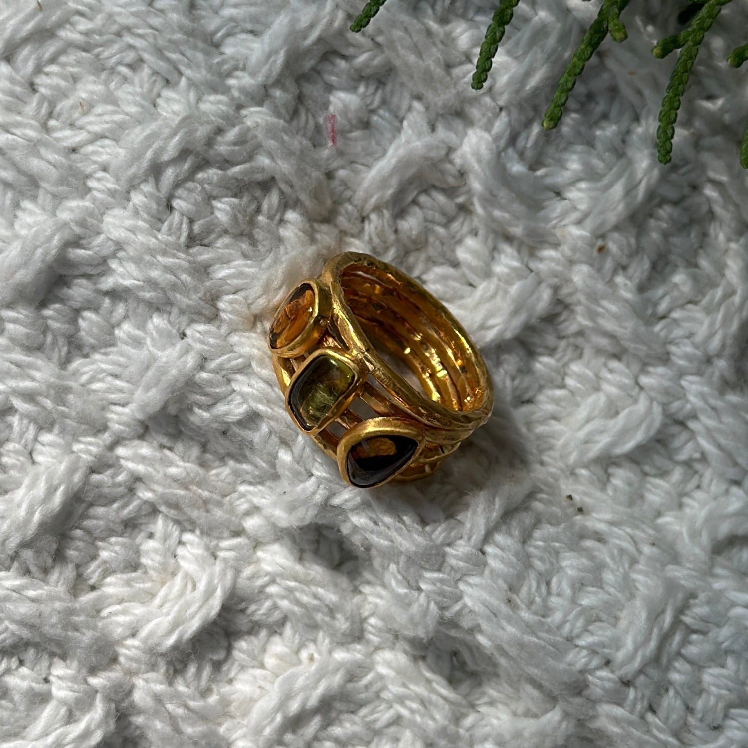 Tourmaline Three Stone 18k Gold Plated  Silver 925 Gemstone Ring