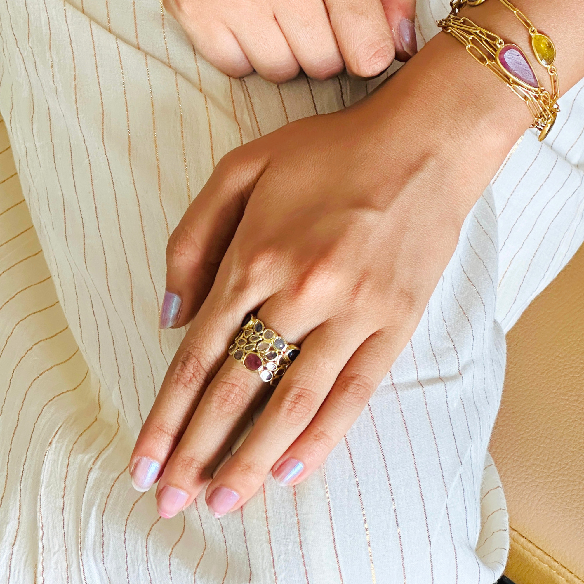 Gold Plated Silver Tourmaline and Diamond Ring for Women