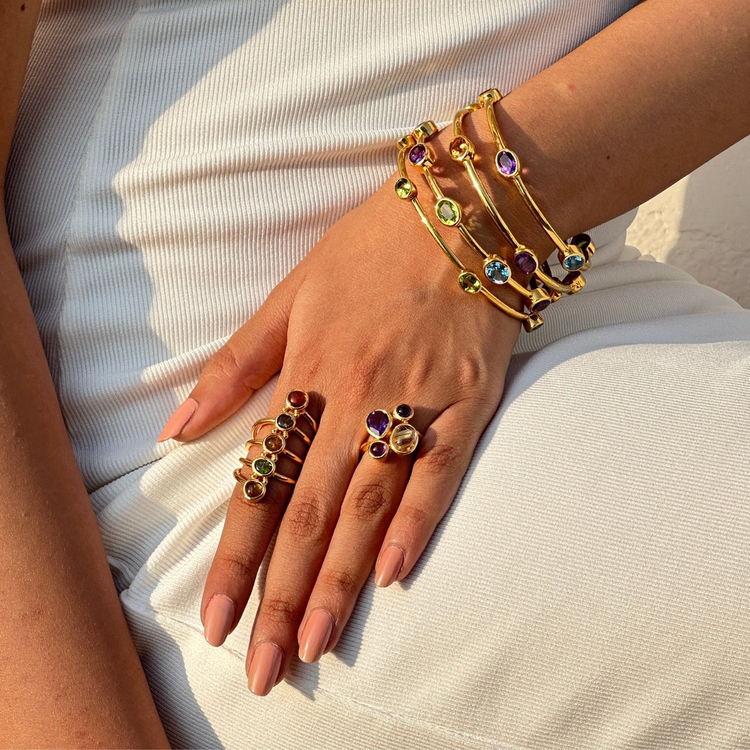 Tourmaline stack ring gold plated 925 silver on model hand