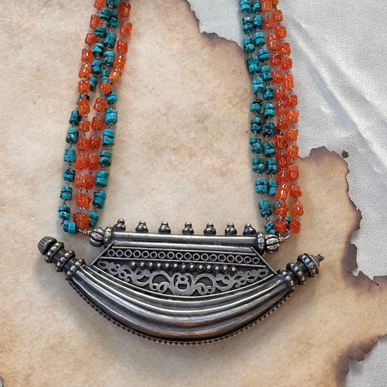 Turquoise and Coral silver Necklace 