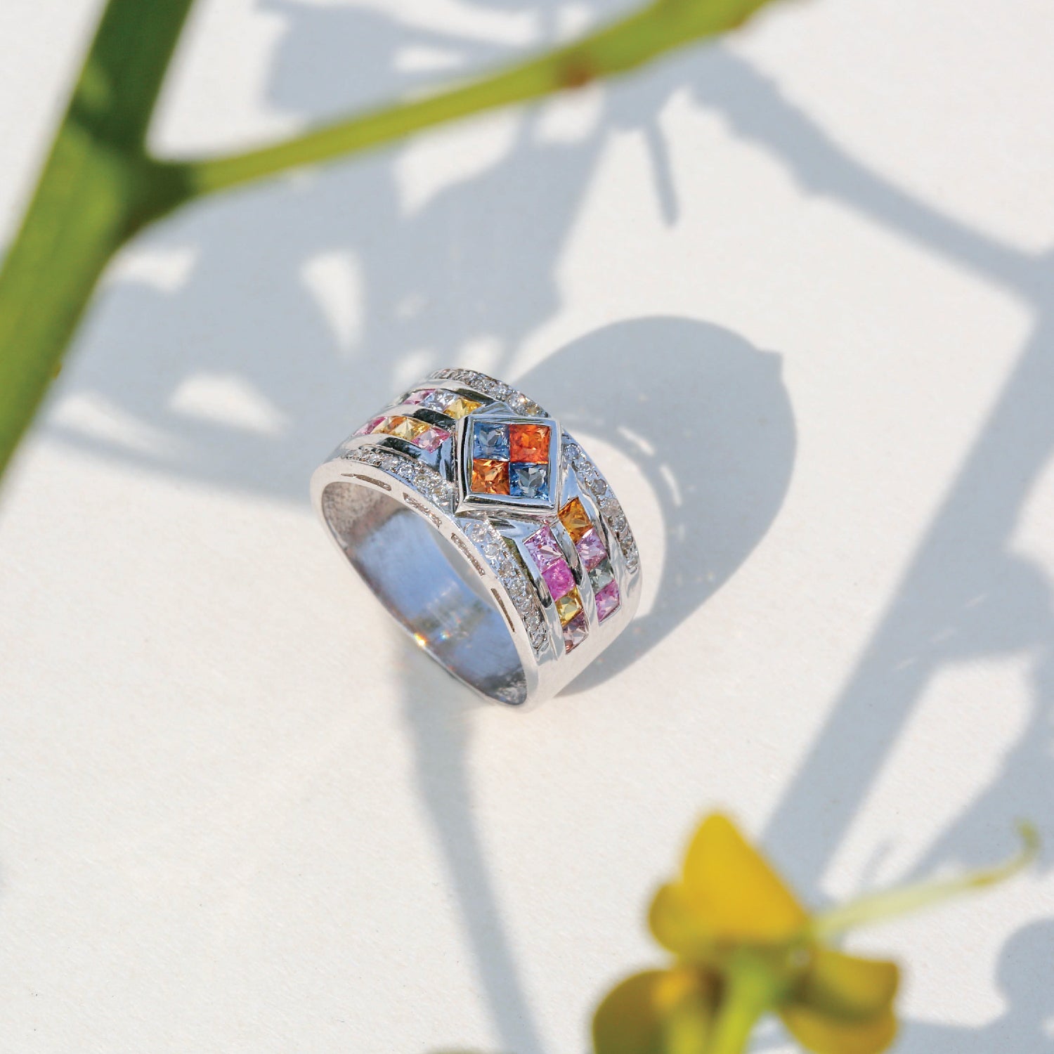 Silver 925 Wide Band Ring with Multi Color Square Gemstones