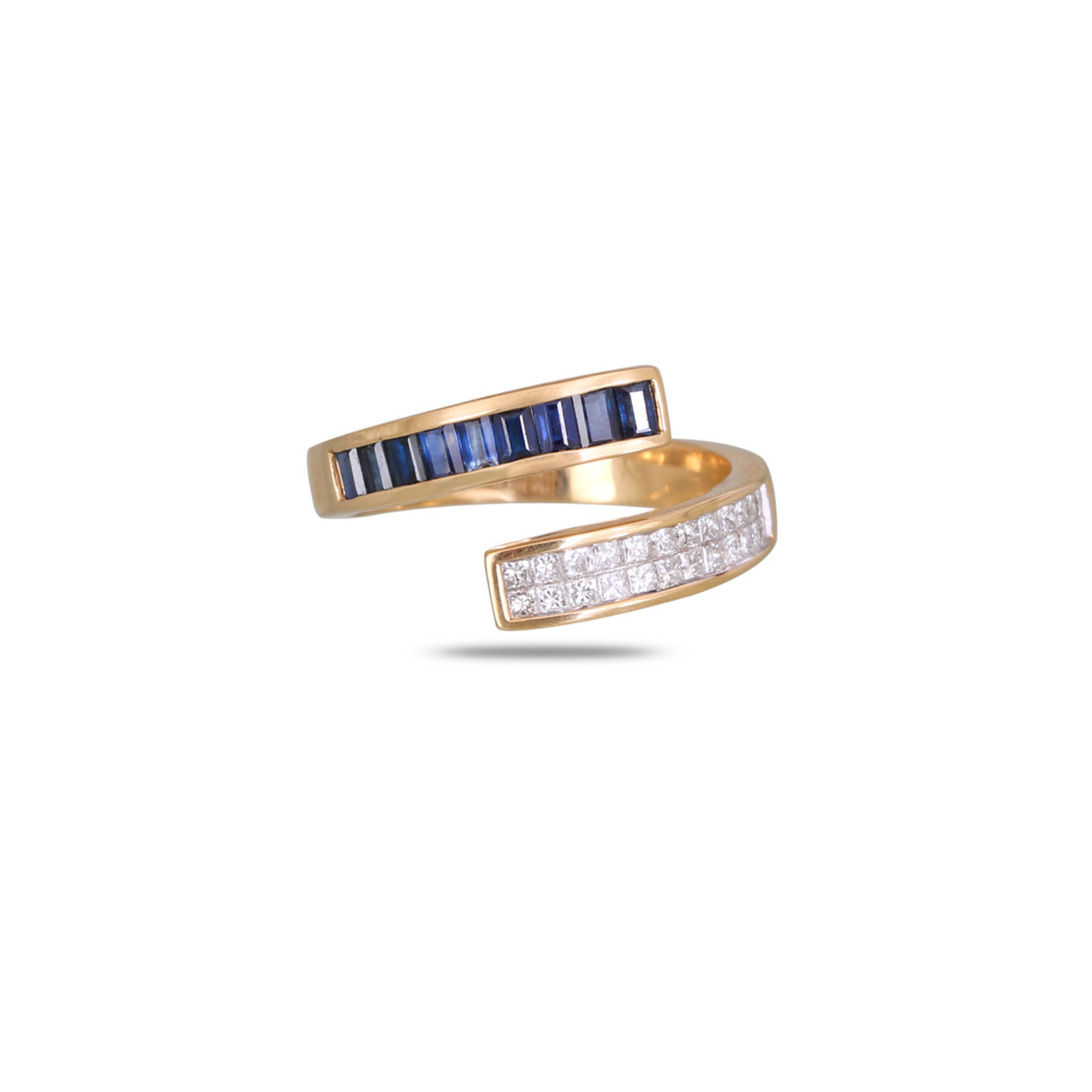 Yellow Gold Blue Sapphire & Princess Diamond Bypass Ring in 18K Gold
