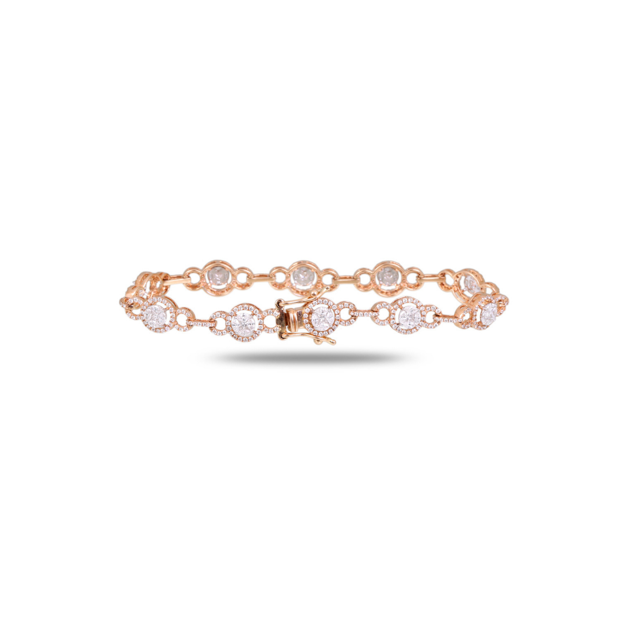 18K rose gold diamond bracelet with circular halo links and round brilliant-cut diamonds, open box clasp visible, laid flat on white background