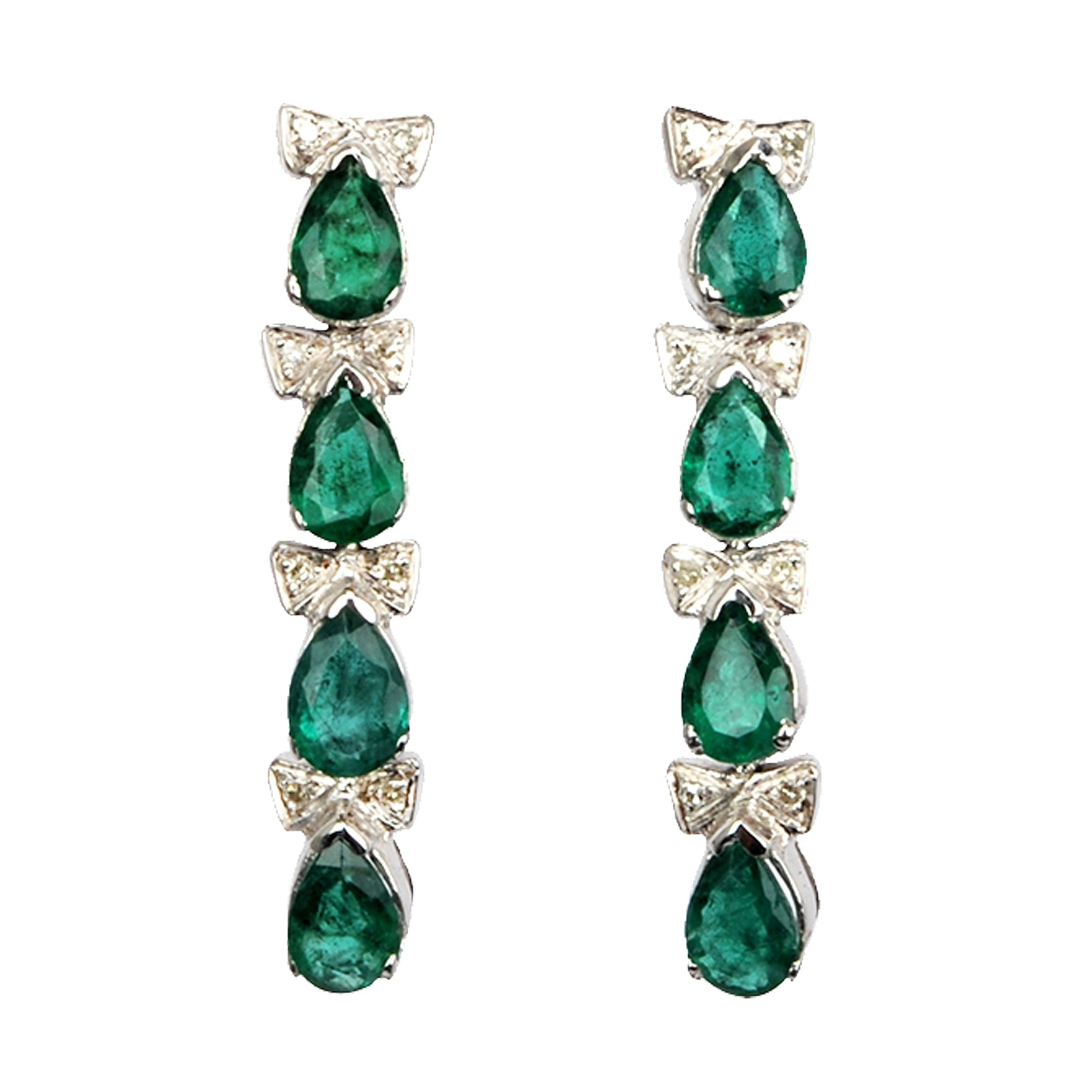 Silver Earrings with Emerald and Diamond Bow