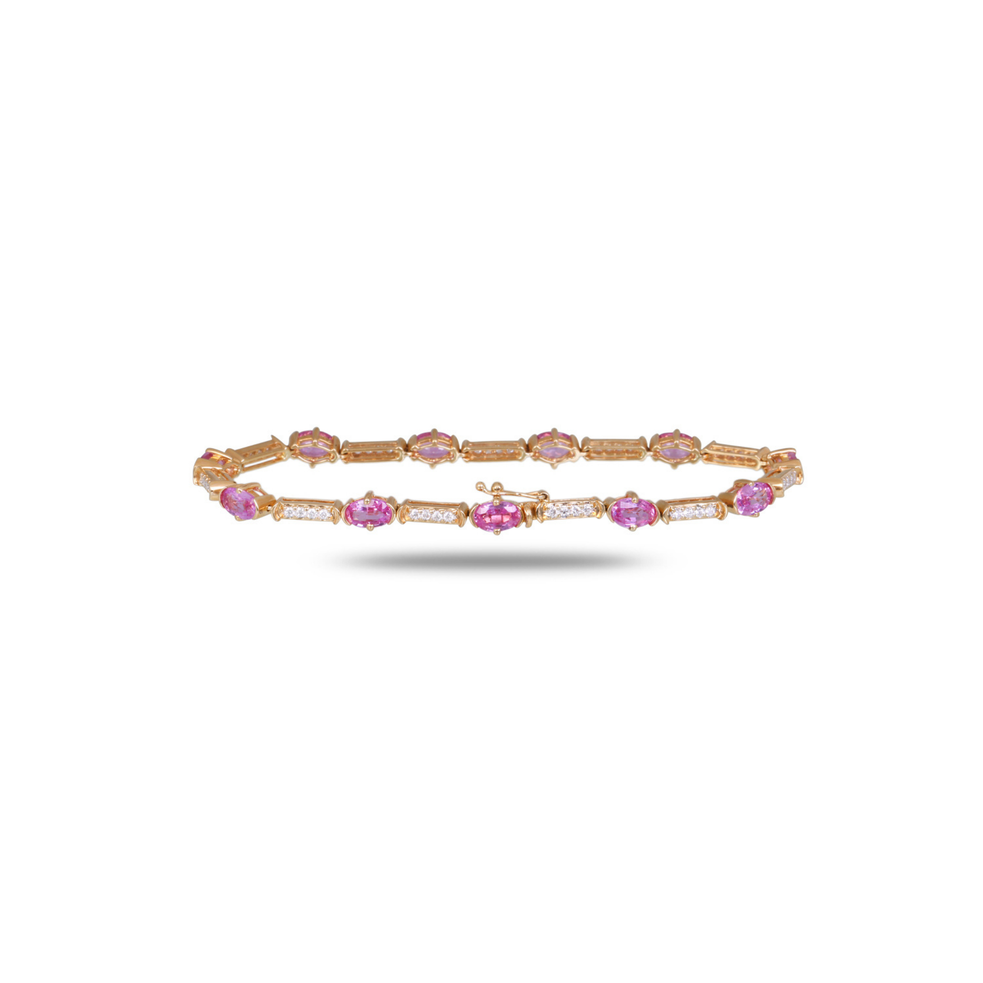 18K rose gold oval pink sapphire and pavé diamond bar link bracelet lying flat in oval shape
