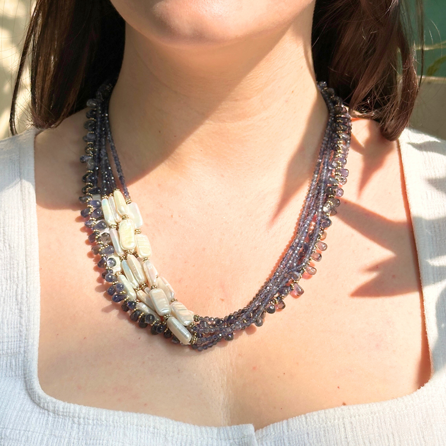 Iolite pearl necklace, Gold plated iolite pendant, 925 silver iolite necklace