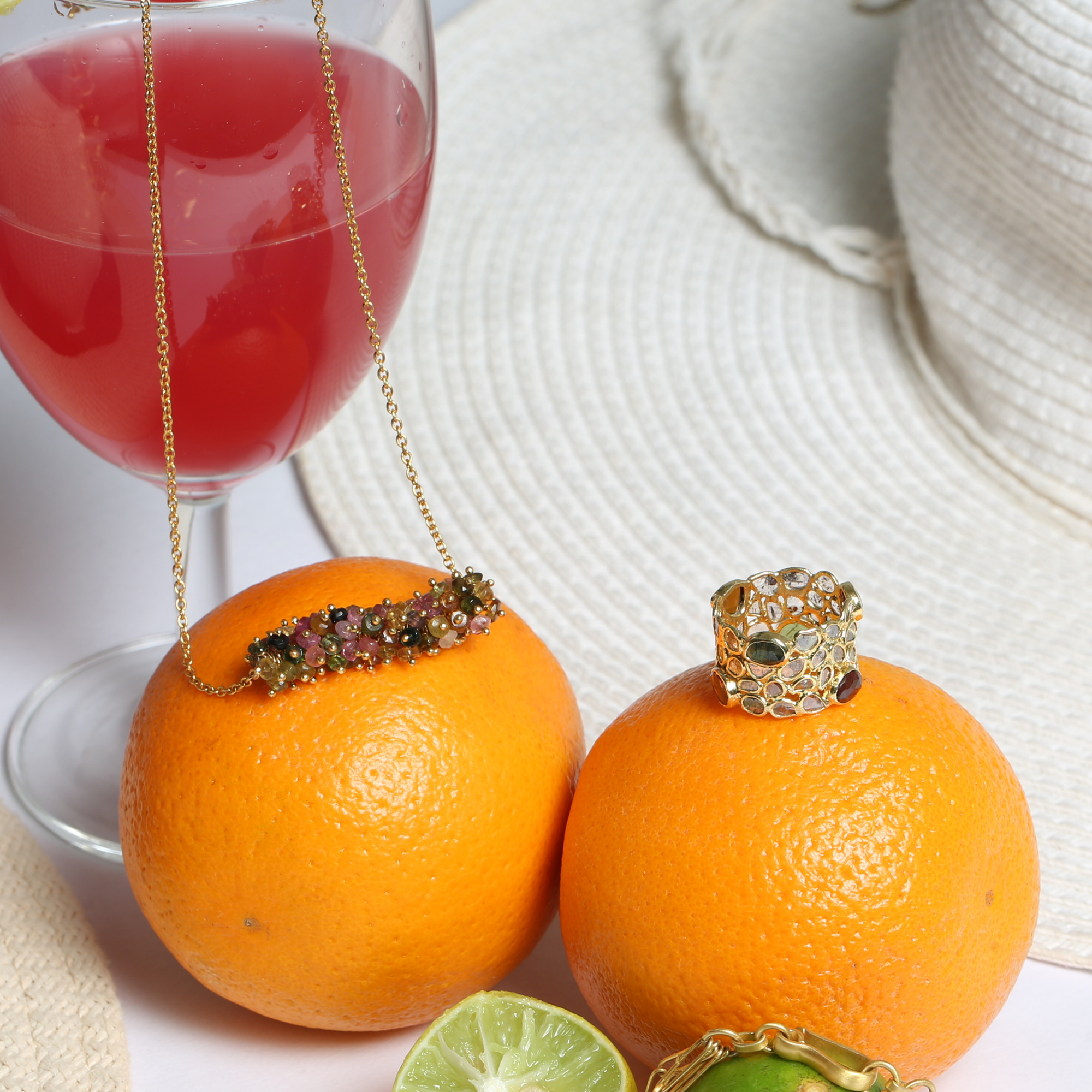 Colorful Tourmaline Band Ring Gold Plated Silver 925