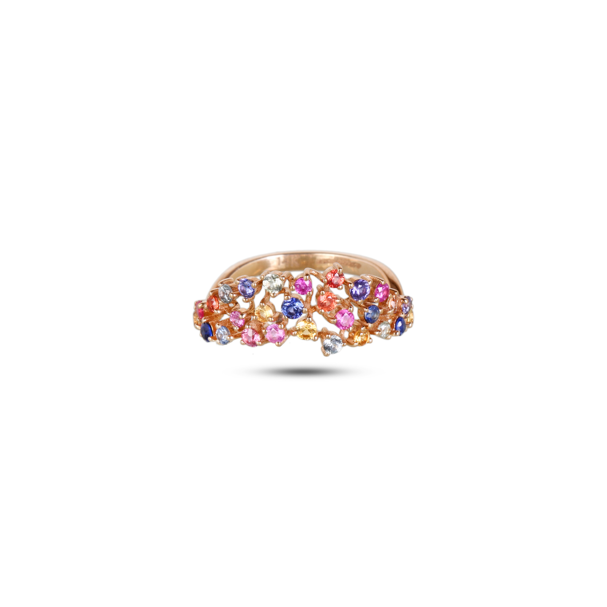  Rainbow Multi-Sapphire Scatter Band round cut multicolour sapphires in open-work 14K gold band