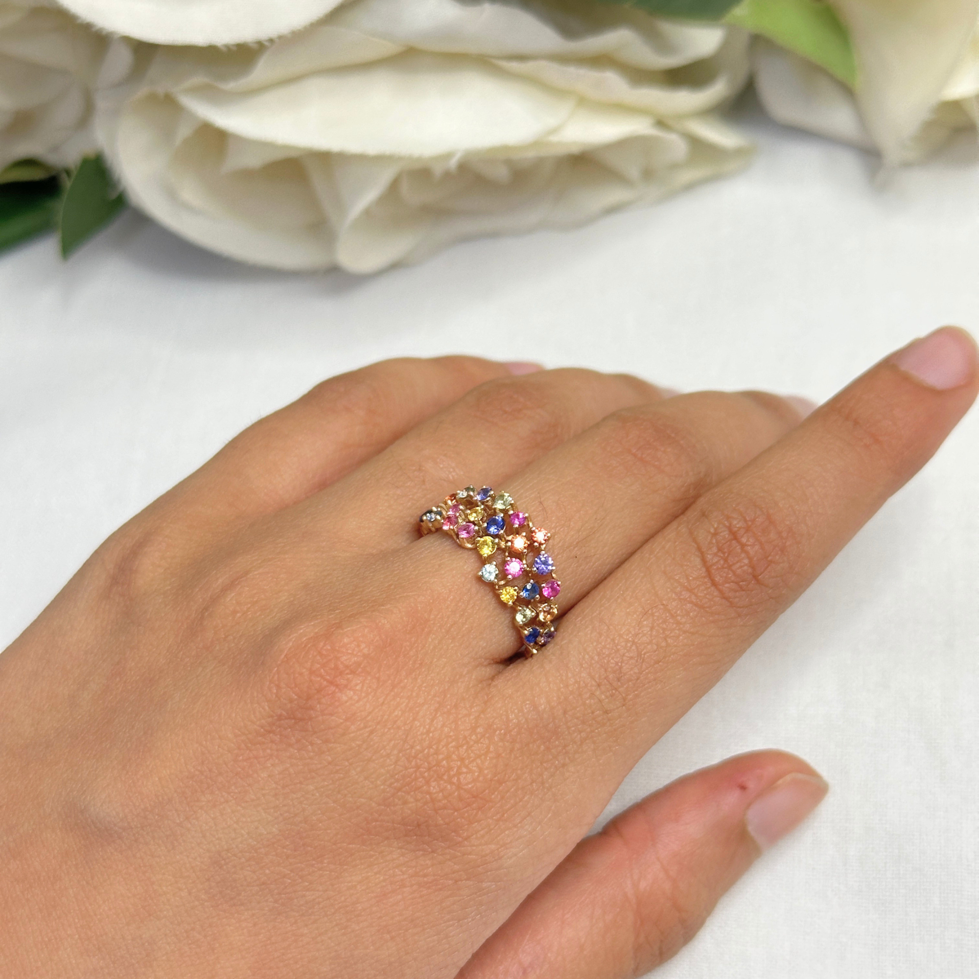 Rainbow Multi-Sapphire Scatter Band, multicolour round sapphires in open-work gold setting