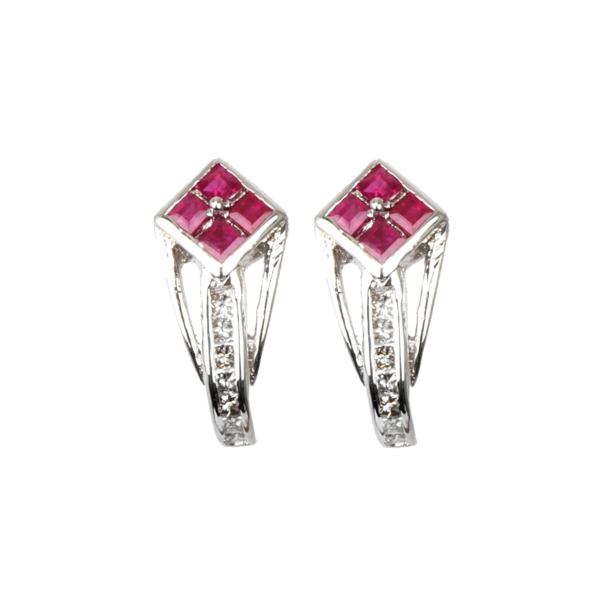 Silver Earrings with Diamond and Ruby Rhombus