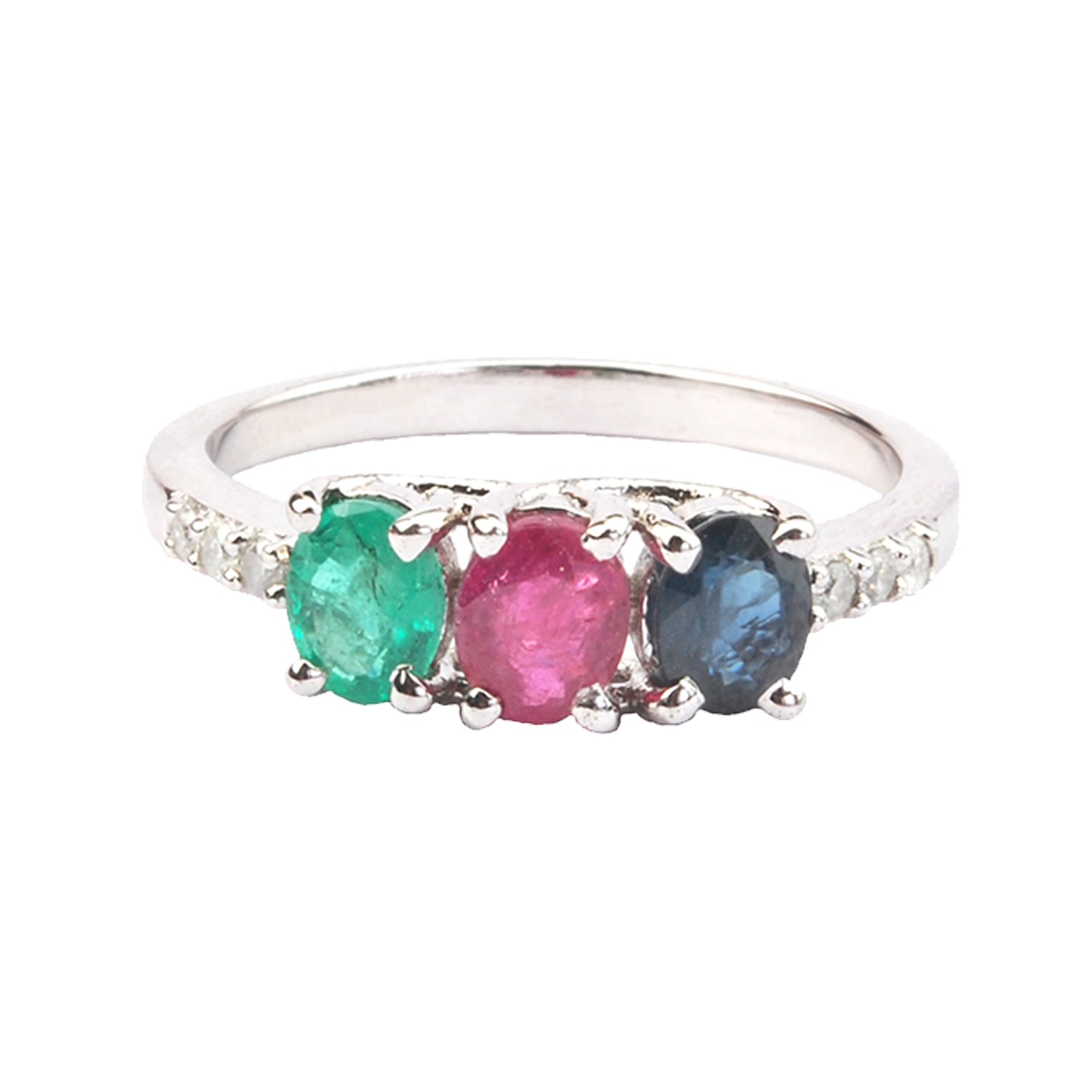Multi Gemstone Silver Ring for Women | Emerald Ruby Sapphire Band