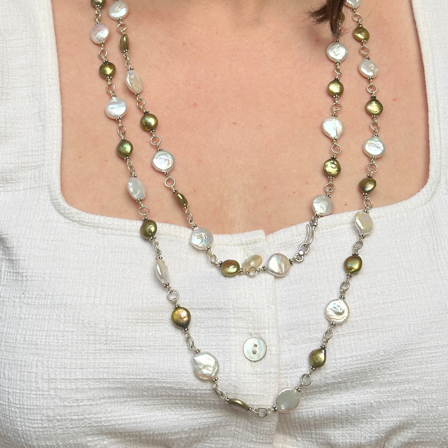 Saro Green &amp; White Pearl Silver 925 Necklace