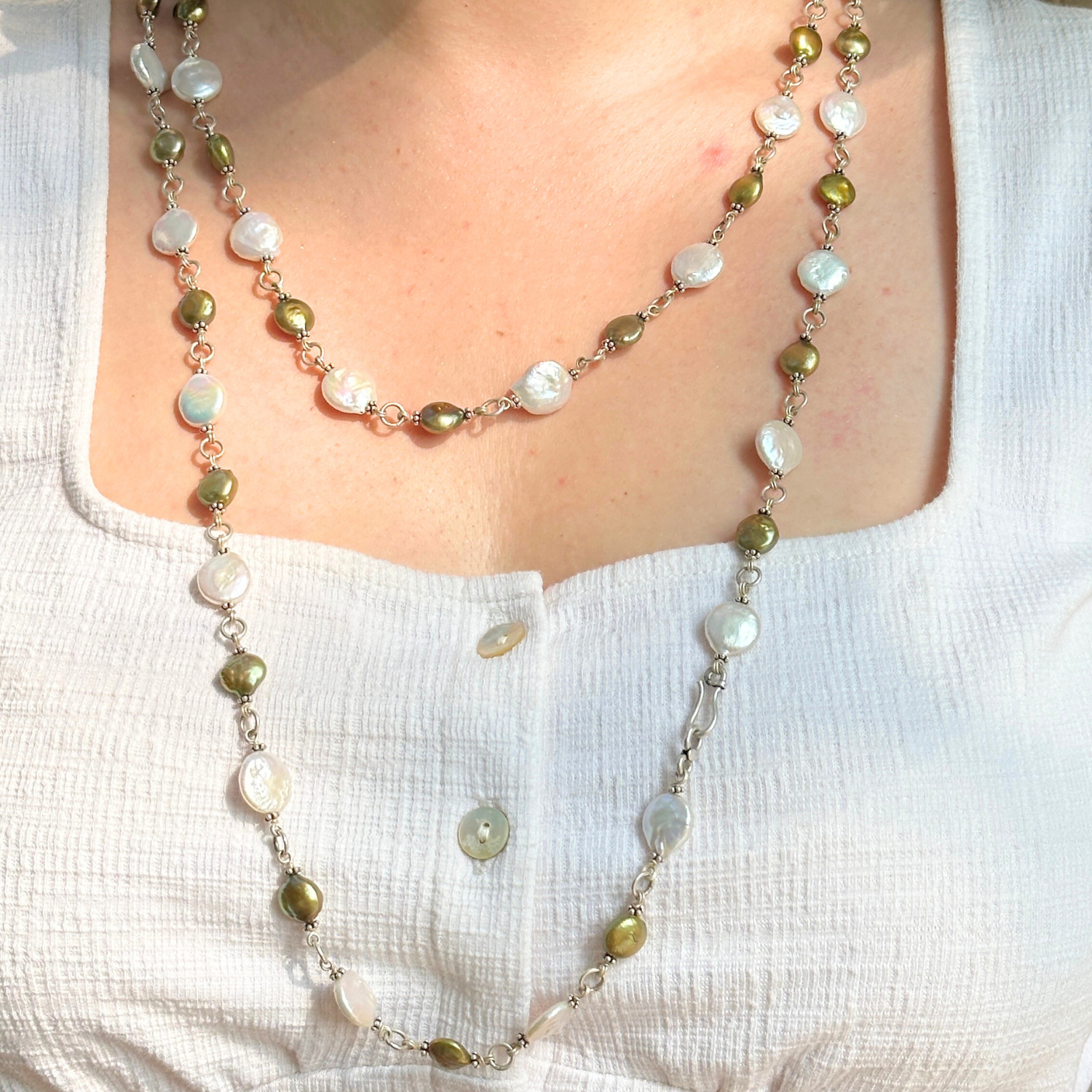 Green pearl silver necklace, White pearl 925 necklace, Pearl beaded silver necklace